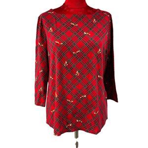 Charter Club red plaid casual top with tiny foxes 100% cotton ladies shirt XL